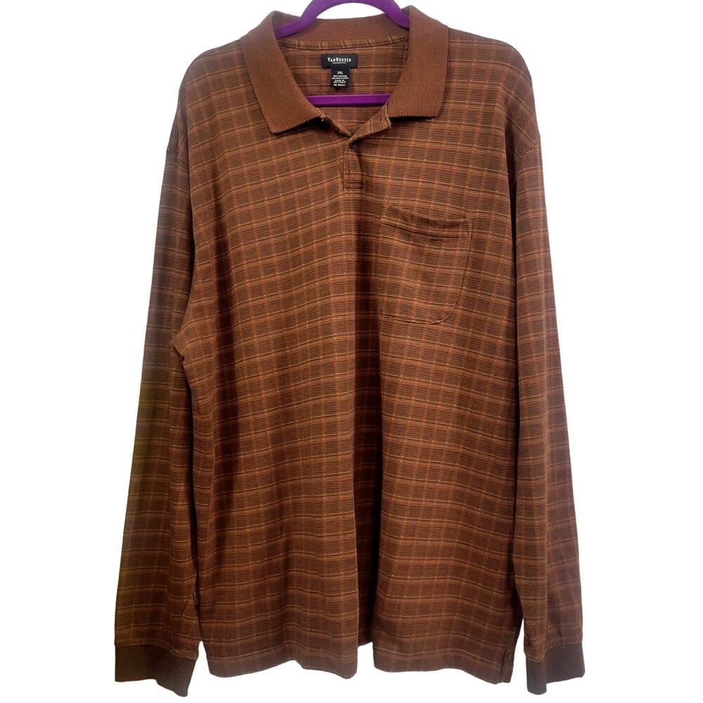 Van Heusen Polo Shirt Mens Brown (Rust)‎ Plaid Long Sleeve Shirt Size XXL